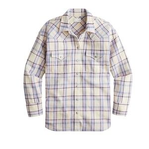 J Crew Relaxed Fit Flannel Shirt Shacket Sz 6 Pink Blue Plaid Western Pearl Snap